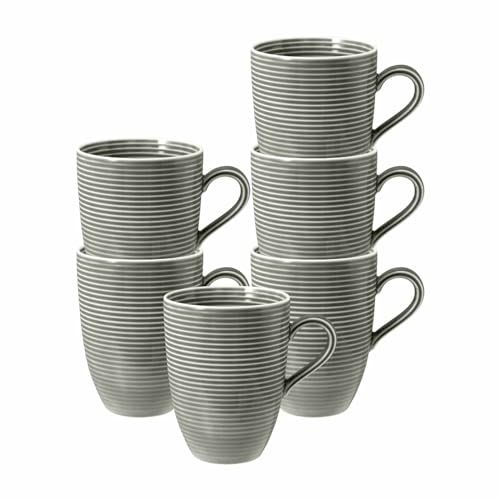 Seltmann Weiden Beat Color Glaze Becher mit Henkel 6er Set, 350 ml, Kaffeebecher mit Rillen-Relief, Porzellan, Perlgrau