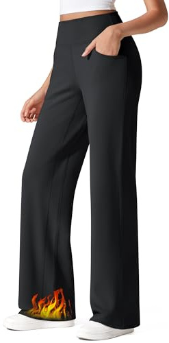 G4Free Yoga Pants for Women Fleece Lined Trousers Thermal Wide Leg Joggers with Pockets High Waisted Sweatpants for Work Casual Winter(Black,L,29)