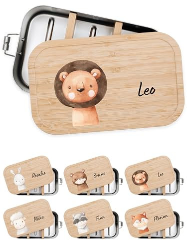 Bärenfreunde® - Personalisierte Brotdose für Kinder mit Spezial-Druck - Robuste Edelstahl Brotdose - Personalisierte Geschenke für Kinder & Erwachsene (Löwe,klein Weißblech)