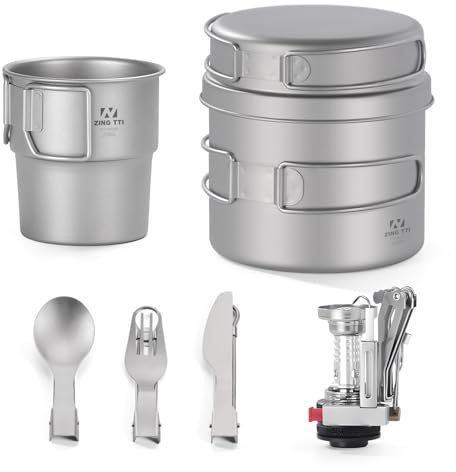 ZING TTI Set di pentole in titanio, kit di pentole da campeggio, pentola leggera con mini fornello, tazza in titanio, forchetta in titanio, cucchiaio in titanio, coltello in titanio per zaino in