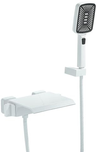 Robinet De Baignoire Cascade Robinet Douche Mural Laiton Double Poignée Mitigeur De Baignoire Avec Douchette 3 Modes Et Flexible De Douche (150cm), Robinet De Salle De Bain, Blanc