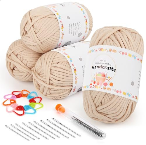 Aeelike 4X50g Beige Chunky Häkelwolle mit Zubehör, Häkel- und Strickgarn für Anfänger, Kein Geteiltes Häkeln Garn, Wolle zum Häkeln mit gut Sichtbare Maschen, Baumwolle zum Stricken für Puppen, Körbe