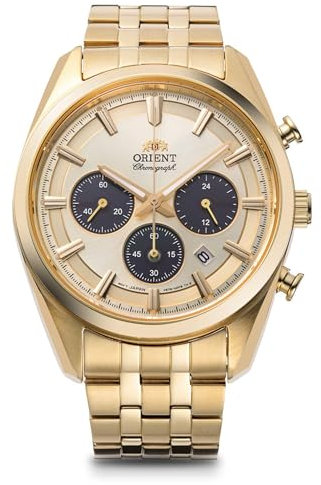 Orient Stretto Solar-Chronograph, 40 mm, champagnerfarbenes Zifferblatt, goldfarbenes Armband, Herren-Armbanduhr RA-TX0301G10B, gold, Klassisch