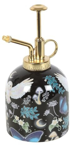 Ceramic Plant Mister with Gold Detailing – Mystical Night Owls, Crescent Moons & Forest Plants – 500ml Capacity – Elegant, Functional Indoor Garden Tool & Decorative Accent