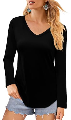Elesomo Womens Long Sleeve T Shirts V Neck Tshirts Casual Cotton Ladies Tunic Tops, Black 10