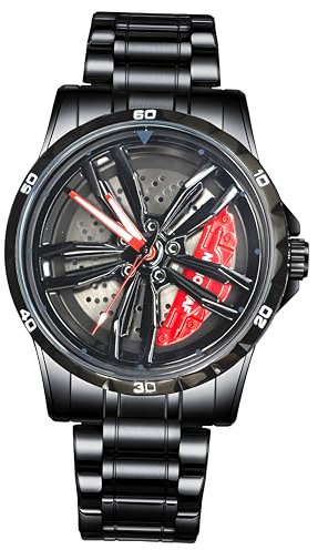 NANOLEAF Autoraden-Armbanduhr, Edelstahl, Herren-Armbanduhr mit drehbarem Autofelgennaben-Design, drehbar, Edelstahl, wasserdichte Uhren, Schwarz, Rennsport