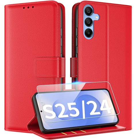 TQIAHF Hülle Klapphülle für Samsung Galaxy S25 5G / S24 5G, Rot | Handyhülle Case mit Schutzfolie Glasschutz Faltbar Ständer Innere Silikon Leder Schutzhülle Kartenfach Cover Tasche Klappbar