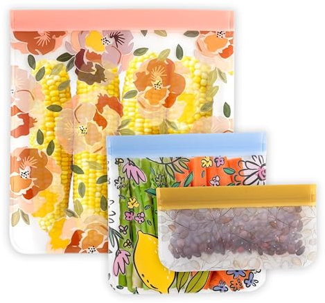 ShopBritain Reusable Silicone Food Storage Bags – Durable PEVA, BPA-Free, Leakproof with Airtight Zip-Lock – Eco-Friendly 6 Pack (2S, 2M, 2L) – Patterned, Freezer & Fridge Safe