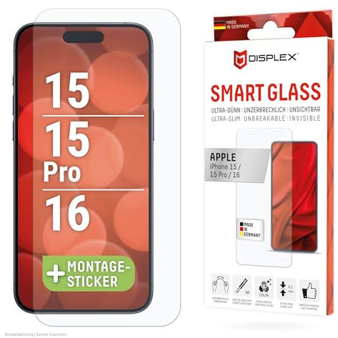 Displex Smart Glass (9H) für Apple iPhone 15/15 Pro/16, Montagesticker, unzerbrechlich, ultra-dünn, unsichtbar (Smart Glass iPhone 15/15 Pro/16)