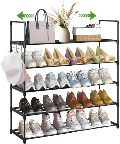 Schuhregal, Ausziehbar Schuhregal mit 5 Ebenen, Schuhständer Verstellbar Platzsparend Shoes Rack, Erweiterbar Schuhablage für Flur, Garderobe, Eingangsbereich, Schuh-Organizer für 10-20 Paar Schuhe