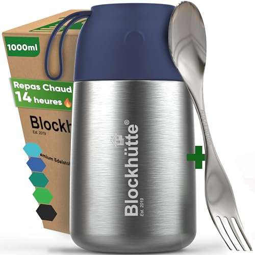 Blockhütte Edelstahl Thermobehälter I 1L l Essen warmhalten Behälter, auslaufsicher I Thermos Essensbehälter mit Göffel für Kinder und Erwachsene - Wärmebehälter für Speisen - Blau