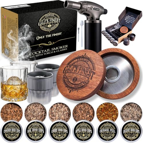 Whiskey & Whisky Smoker Kit – Cocktail, Old Fashioned & Drink Infuser with Torch, 2 Glasses, 2 Ice Molds, 6 Wood Chips, Scorch Shield & Gift Box for Men by G&J's Finest