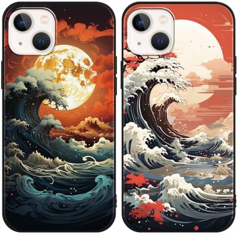 Yimctoie 2 Stück Handyhülle für Apple iPhone 15 PRO Hülle 6.1,Japanische Art Anime Aesthetic Wellen mit Muster Case,Ästhetik Schutzhülle Schwarz Weich Silikon TPU Stoßfeste Kratzfest Cover