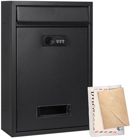 Cassetta delle lettere nera con serratura a combinazione, resistente alle intemperie, in acciaio, resistente alla pioggia, per esterni, 32 x 21,7 x 8,4 cm