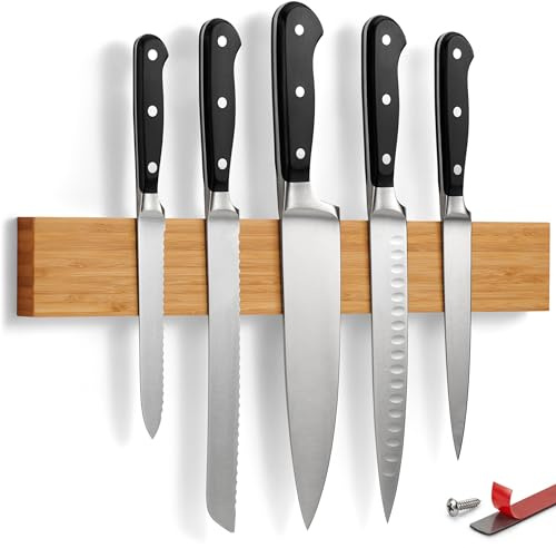 LARHN No-Drill Magnetic Knife Holder for Wall - Bamboo, 40 cm / 16″ | Extra Strong Magnet, Knife Rack, Incl. Screws, Optional 3M Adhesive Strip & Install Video, Holds Knives, Utensils & Tools