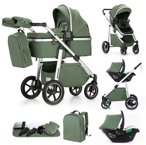 Gcarebb 3-in-1-Kinderwagen Reisesystem, Kinderwagen mit höhenverstellbarem Griff, Reisewagen mit Regenschutz, Baby-Kinderwagen mit Aluminiumrahmen für Neugeborene 0-4 Jahre
