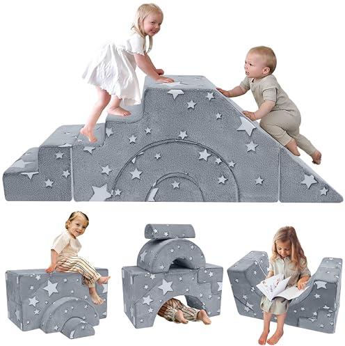 MeMoreCool Kindersofa ab 1 Jahr, Ausklappbares Mini Sofa, Grau Stern | Weiches Schaumstoffsofa mit Sitz- und Liegefunktion sowie abnehmbarem Bezug, ideal für Leseecke und Kinderzimmer