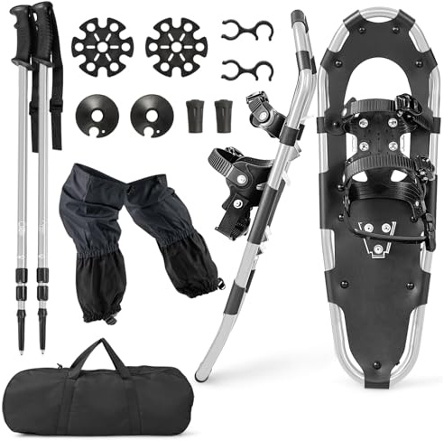 GYMAX 53/63/76 cm leichte Alu Schneeschuhe, Schuhgröße 35-45, Schneeschuhe mit Steighilfe, 2 Stöcke & Tragetasche, Geländeschneeschuhe-Set für Männer & Frauen