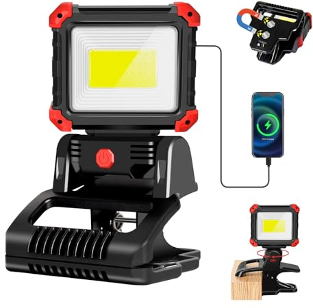 MASMEJOR LED Arbeitsleuchte Akku, Klemme & Magnetfuß, 2100LM, 2600mAh | 3 Lichtmodi, 270° Schwenkbar, USB-Ausgangsfunktion, Bequemer Griff, Tragbare für Camping, BBQ, Angeln, Werkstatt, Notfälle
