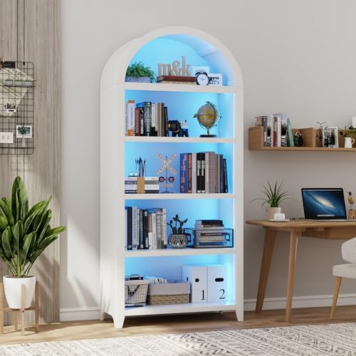 Gurexl 69″ Arched Display Cabinets with 3 Color Lights & Human Body Sensor for Living Room White Color,Smart Bookcase with LED and 5-Tiers for Bedroom,Dining Room,Home Office,Study,Modern Furniture