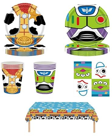 Set di 61 pezzi di stoviglie per feste Toy, decorazioni per feste di compleanno per bambini, comprensivo di bicchieri, piatti, tovaglia e tovaglioli, per 20 ospiti