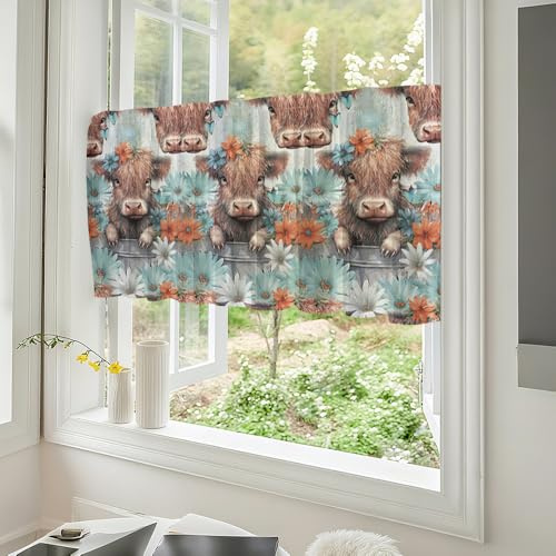 Fasbuy Scheibengardine Küchengardinen Bistrogardine 1 Stück, Muster Wohnzimmer Küche Küchengardinen kurz mit Stangendurchzug für Landhausstil Bauernhaus Gardinen (Niedliche Kuh,120x45m)