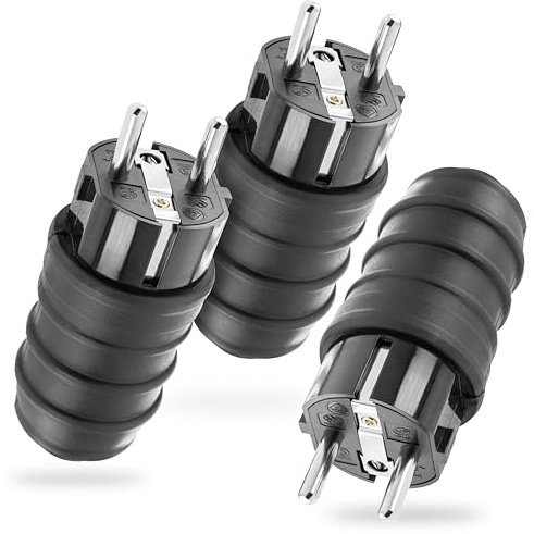 Poppstar 3x Schuko Stecker 250V mit Knickschutz, (2-polig, 230V, 16A, IP44), wasserdicht für Außenbereich, schwarz
