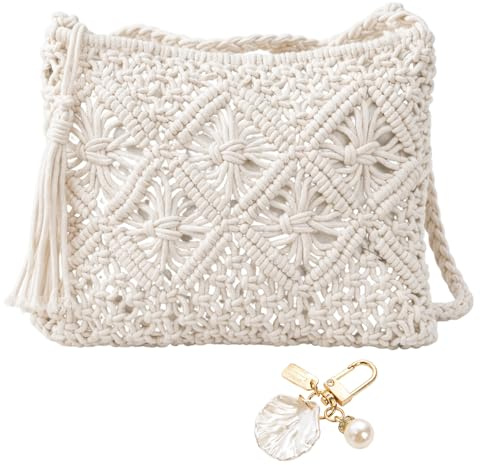 Tniytru Straw Bag Set with Shell Keychain, Woven Beach Bag for Women, Summer Holiday Handbag, Crochet Straw Tote