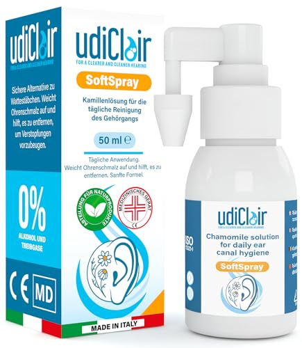 Ohrenschmalz Entferner Spray 50 ml - UdiClair SoftSpray - Isotonische Lösung 0% Alkohol mit Kamille Ohrenreinigung - für Erwachsene und Kinder Made in Italy