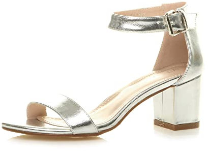 Ajvani Womens Ladies mid Heel peep Toe Buckle Ankle Strap Party Strappy Sandal Size 5 38, Silver Metallic, 5 UK