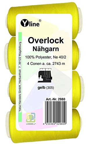 4 Stück Spulen Overlock - Nähgarn, gelb, a. 2743 m, NE 40/2, 100% Polyester, Nähfaden, Nähmaschinen Garn, (0,01 € / 10 m), 2980
