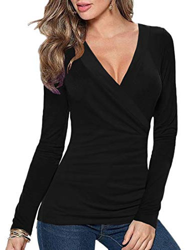 Afibi Womens Slim Fitted Deep V Neck Cross Wrap Top Long Sleeve T-Shirts - Black - X-Large