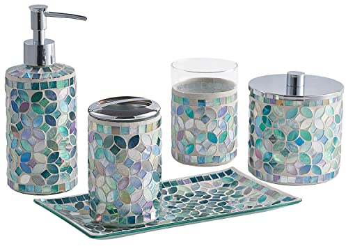 KMWARES Decorative Mosaic Glass Bathroom Accessories Set 5PCs - Includes Hande Soap Dispenser & Cotton Jar & Tumbler & Vanity Tray & Toothbrush Holder - Multi Blue Green