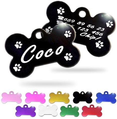 Ibera Gifts - Chapa Perro Grabada en Forma de Hueso, Placa Perro Personalizada para Perros y Gatos Pequeños y Medianos, Tamaño 30 x 20 mm, Chapa Identificativa Perro y Gato (Negra con Patas)