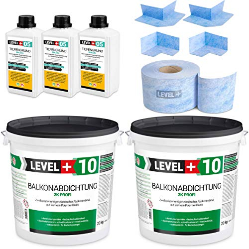 Dicht-Set 40Kg Balkonabdichtung max 13m², 2 Innenecken, 2 Außenecke, 15M Dichtband, 3L Tiefengrund mit Wasserglas SET34
