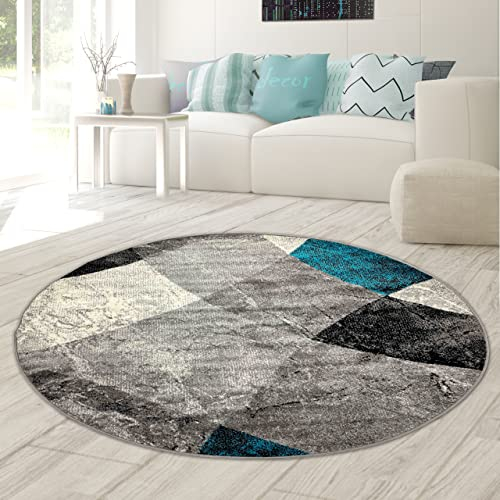 Moderner Wohnzimmer Teppich abstraktes Wellen Rauten Design marmoriert in blau grau - pflegeleicht Größe 200 cm rund