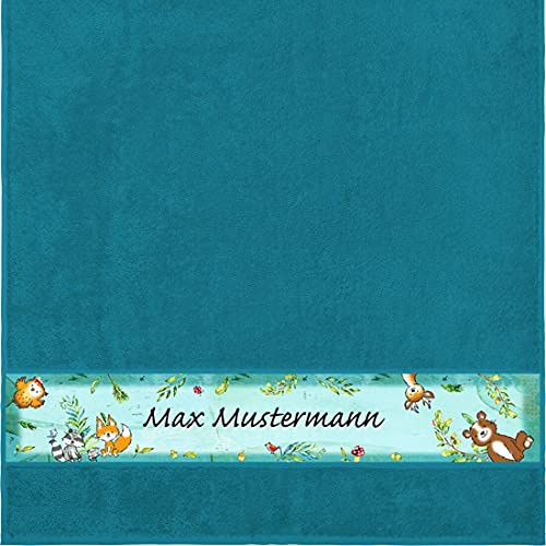 Manutextur Duschtuch mit Namen - personalisiert - Motiv Wald - viele Farben & Motive - Dusch-Handtuch - Petrol - Größe 70x140 cm - persönliches Geschenk mit Wunsch-Motiv und Wunsch-Name