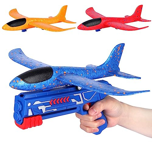 Avion Juguete, Lanzador de Aviones con Pistola de Tiro, 3 Piezas Aviones Espuma Poliespan Avion Corcho Planeador Modelismo, Juegos Volador Aire Libre Jardin Regalos para Niños 3 4 5 6 7 8 9 10 Años