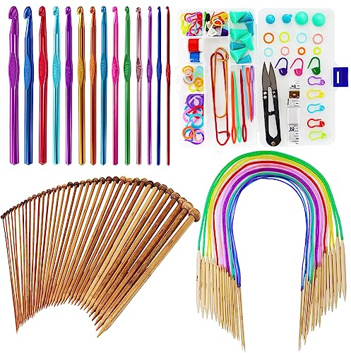 EXQUISS 18 Pairs Circular Wooden Knitting Needles Set With Colored Tube, 36 Pcs Single Pointed Bamboo Needles, 14 Pcs Aluminum Crochet Hooks Set Include Crochet Kits