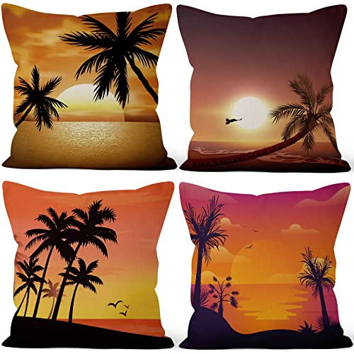 Aoihrraan 51x51cm 4er Set Decorativo Kissenbezug Sonnenuntergang Tropischer Strand Palme Quadratische Dekokissen Aus Mit Unsichtbarem Reißverschluss Leinen Zuhause Couch Sommer Garten Outdoor Sofa