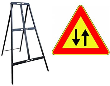 CARTELLO IN LAMIERA SCATOLATA TRIANGOLO lato 90cm - doppio senso di circolazione - SEGNALE CATARIFRAGENTE CON CAVALLETTO (CARTELLO)