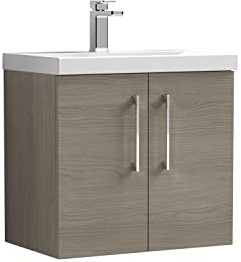nuie ARN2523D Arno Modern Bathroom Wall Hung 2 Door Vanity Unit with Thin-Edge Ceramic Basin, 600mm, Woodgrain Solace Oak