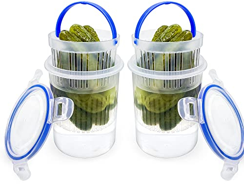 KIKINIKO Pickle Jar 24oz 2Pack Pickle container with strainer Pickle Holder Keeper Lifter, pickle storage container pickle strainer, Flip Jar with Leak Proof and Lock It Lid (2-7-24)