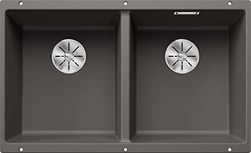 BLANCO SUBLINE 350/350-U | Granitspüle aus SILGRANIT vulkangrau | Einbauart: Unterbau | für 80 cm breite Unterschränke | Beckenform 2 in 1: zwei Becken, ein Ausschnitt und nur einmal montiert