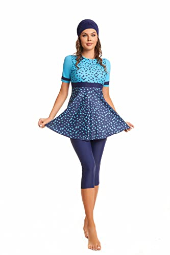 Modest Short Sleeve Swimsuits for Women 3-Piece Bathing Suits Floral Print Swimming Suits Plus Size Rash Guard(XL, Y6)