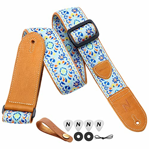 Nefelibata Gitarrengurt,2Doppelte Lederenden,Vintage Woven W/FREE BONUS-4 Plektren+Strap Locks+Strap Button,Bestes Geschenk für Bass,Elektro&Akustik Gitarren für Gitarre(Vintage blassblaue Stickerei)