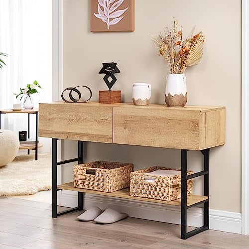 [en.casa] Konsolentisch schmal Varberg Flurtisch mit 2 Schubladen rechteckig Ablagetisch verstellbare Ablage Metallgestell 75 x 120 x 30 cm Eicheoptik