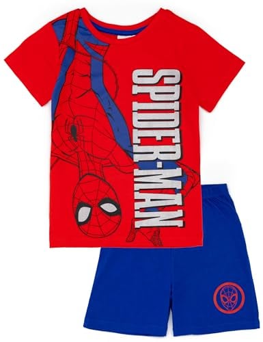 Marvel Spiderman Jungen-Pyjama-Set in Blau und Rot | Kinder-Pyjama mit T-Shirt und Shorts | Web-Slinging-Design | Offizielle Ware kleine Superhelden