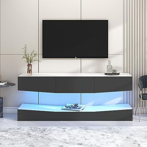 KecDuey Meuble TV suspendu avec éclairage LED - Support mural flottant - Pour le salon - Noir/gris