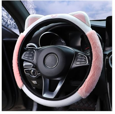 Bittwee Car Steering Wheel Cover, Fluffy Soft Plush for Winter Warm, Cute Steering Wheel Protector with Kitty Cat Ears, Universal 15 Inch, Elastic & Anti-Slip, Lovely Decor Car Accessories (Pink)